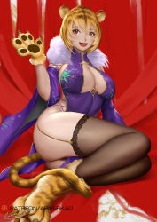 Rule 34 | 1girl, animal ears, animal hands, ariverkao, black thighhighs, blonde hair, breasts, china dress, chinese clothes, cleavage, cleavage cutout, clothing cutout, dated, detached sleeves, dress, garter straps, gloves, hair between eyes, large breasts, looking at viewer, open mouth, original, patreon logo, paw gloves, paw shoes, pelvic curtain, red eyes, short hair, signature, sitting, solo, tail, thighhighs, tiger ears, tiger tail