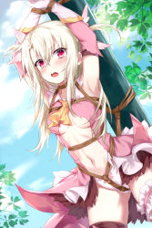 Rule 34 | 1girl, bare shoulders, bdsm, blonde hair, blush, bondage, boots, bound, breasts, crotch rope, devil heavens, dress, fate/kaleid liner prisma illya, fate (series), hair ornament, highres, illyasviel von einzbern, long hair, looking at viewer, panties, pink dress, pink thighhighs, prisma illya, red eyes, restrained, rope, small breasts, solo, sweat, thighhighs, torn clothes, underwear, white panties