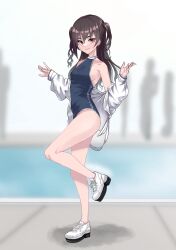 Rule 34 | 1girl, 6kus, bare legs, blue one-piece swimsuit, blurry, blurry background, breasts, brown hair, collarbone, full body, grin, highres, idolmaster, idolmaster cinderella girls, jacket, jacket partially removed, long hair, looking at viewer, mole, mole under eye, one-piece swimsuit, open clothes, open jacket, pool, sharp teeth, shoes, sideboob, small breasts, smile, sneakers, solo, standing, standing on one leg, sunazuka akira, swimsuit, teeth, two side up, very long hair, white jacket