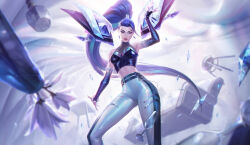 Rule 34 | 1girl, alternate costume, aqua hair, bare shoulders, belt, bench, black gloves, black pants, blue gemstone, bracelet, breasts, bustier, chair, chenbo, closed mouth, commentary, crop top, detached sleeves, detached wings, earrings, english commentary, eyeshadow, fingerless gloves, floating hair, gem, gloves, hair ornament, hand up, highres, idol, jewelry, k/da (league of legends), k/da all out kai&#039;sa, kai&#039;sa, lamp, league of legends, lipstick, long hair, looking at viewer, makeup, medium breasts, multicolored hair, multiple belts, navel, official alternate costume, official art, pants, ponytail, purple eyes, purple hair, red lips, single glove, smile, solo, two-tone hair, two-tone pants, very long hair, white pants, wings
