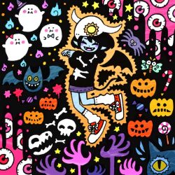 Rule 34 | 1girl, black hair, black hoodie, blue fire, blue skin, blue skirt, bone, candy, candy cane, closed eyes, colored sclera, colored skin, eyeball, fire, food, garouma, ghost, halloween, highres, hood, hoodie, jack-o&#039;-lantern, lollipop, medium hair, original, pointy ears, print hoodie, purple eyes, purple fire, red eyes, red footwear, shoes, skirt, skull, skull on head, socks, solo, star (symbol), white socks, wide shot, yellow sclera