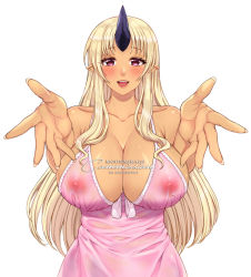 Rule 34 | 1girl, :d, blonde hair, blush, breasts, cleavage, collarbone, commission, covered erect nipples, fang, horns, huge breasts, long hair, monster girl, monster musume no iru nichijou, moon mirage, nipples, oni horns, open mouth, outstretched arms, pointy ears, red eyes, see-through, sidelocks, simple background, single horn, smile, solo, tionishia, upper body, white background
