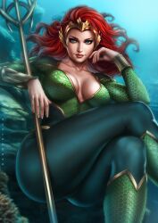 Rule 34 | 1girl, aquaman (series), artist name, ass, blue eyes, bracer, breasts, collarbone, crossed legs, dandon fuga, dc comics, fingernails, headpiece, hexagon print, highres, large breasts, long hair, looking at viewer, mera (dc), polearm, red hair, solo, superhero costume, thighs, trident, two-tone bodysuit, underwater, weapon