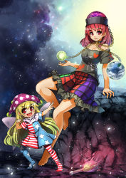 Rule 34 | &gt;:d, 2girls, :d, aged down, american flag dress, american flag legwear, american flag shirt, bare shoulders, blonde hair, chain, child, clothes writing, cloud, cloudy sky, clownpiece, collar, earth (planet), fairy wings, hat, hecatia lapislazuli, jester cap, long hair, looking at viewer, moon, multicolored clothes, multicolored skirt, multiple girls, off shoulder, open mouth, pantyhose, planet, red eyes, red hair, shirt, sitting, skirt, sky, smile, torch, touhou, umigarasu (kitsune1963), v-shaped eyebrows, very long hair, wings
