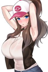 Rule 34 | 1girl, absurdres, alternate breast size, armpits, arms up, baseball cap, black vest, blush, breasts, brown hair, commentary, covered navel, cowboy shot, creatures (company), enishi96, game freak, hat, highres, hilda (pokemon), large breasts, lips, long hair, looking at viewer, nintendo, open clothes, open vest, parted lips, poke ball print, pokemon, pokemon bw, ponytail, shirt, simple background, sleeveless, solo, sweat, sweatdrop, taut clothes, taut shirt, vest, wet, wet clothes, wet shirt, white background, white hat, white shirt