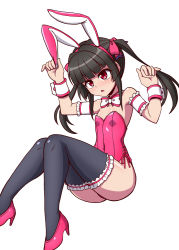 Rule 34 | 1girl, animal ears, armband, black hair, black thighhighs, bow, bowtie, commentary request, detached collar, fake animal ears, flat chest, frilled armband, frilled thighhighs, frills, high heels, leotard, long hair, playboy bunny, rabbit ears, rabbit tail, red eyes, red footwear, red leotard, senki zesshou symphogear, simple background, sitting, solo, strapless, strapless leotard, tail, thighhighs, tsukuyomi shirabe, twintails, white background, white bow, white bowtie, wrist cuffs, zetsumu