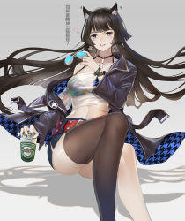 Rule 34 | 1girl, animal ear fluff, animal ears, aqua-tinted eyewewar, aqua eyes, ass, asymmetrical legwear, balusah, beer can, belt, bikini, bikini top only, black bikini, black choker, black hair, black thighhighs, blue-tinted eyewear, blue eyes, blue jacket, blue nails, blue shorts, blunt bangs, can, cat ears, chinese commentary, choker, collarbone, commentary request, crop top, drink can, earrings, feet out of frame, fingernails, floating clothes, floating hair, gradient background, grey background, halterneck, hand up, heineken, hime cut, holding, holding can, holding removed eyewear, jacket, jewelry, knees up, long hair, long sleeves, looking at viewer, mahjong soul, midriff, motion lines, multicolored eyes, nadeshiko (mahjong soul), nail polish, off-shoulder shirt, off shoulder, open clothes, open jacket, open mouth, partial commentary, patterned clothing, pendant choker, red belt, see-through, shadow, shirt, short shorts, shorts, side slit, side slit shorts, sitting, smile, solo, star (symbol), sunglasses, swimsuit, teeth, thighhighs, tinted eyewear, translation request, two-sided fabric, two-sided jacket, uneven legwear, unworn eyewear, upper teeth only, very long hair, white background, wrist straps