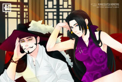 Rule 34 | 1boy, 1girl, artist name, black hair, blue eyes, boa hancock, closed mouth, dracule mihawk, earrings, english text, facial hair, hat, hat feather, highres, jewelry, kath illustrates, long hair, looking at viewer, mustache, one piece, short hair, sideburns, signature, smile, snake earrings, yellow eyes