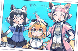 Rule 34 | 3girls, :d, :o, ^ ^, absurdres, ahoge, animal ear fluff, animal ears, ascot, bare arms, bear ears, black hair, blouse, bodystocking, bow, bowtie, closed eyes, coat, collared shirt, common raccoon (kemono friends), cowboy shot, cuffs, dutch angle, elbow gloves, extra ears, closed eyes, ezo brown bear (kemono friends), fang, fur collar, gloves, grey hair, hand on another&#039;s head, hand on own hip, headband, headpat, highres, kanmoku-san, kemono friends, kemono friends 3, laughing, looking up, medium hair, microskirt, multicolored hair, multiple girls, open clothes, open coat, open mouth, orange hair, photo (object), print gloves, puffy short sleeves, puffy sleeves, raccoon ears, raccoon tail, serval (kemono friends), serval print, shirt, short-sleeved sweater, short hair, short sleeves, side-by-side, sidelocks, skirt, sleeveless, sleeveless shirt, smile, sparkle, sparkling eyes, sweater, tail, traditional bowtie, white hair, wing collar, |d