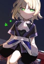 Rule 34 | 1girl, arm warmers, black shirt, black skirt, blonde hair, brown shirt, closed mouth, commentary request, dutch angle, expressionless, feet out of frame, green eyes, highres, looking at viewer, mizuhashi parsee, nemachi, pointy ears, railing, scarf, shirt, short hair, short sleeves, skirt, solo, touhou, undershirt, white scarf