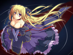Rule 34 | 00s, 1girl, bare shoulders, blonde hair, breasts, cleavage, dress, fate testarossa, from above, gloves, large breasts, long hair, lyrical nanoha, mahou shoujo lyrical nanoha, mahou shoujo lyrical nanoha strikers, red eyes, ribbon, solo, t-ray, twintails, very long hair, water, unfinished