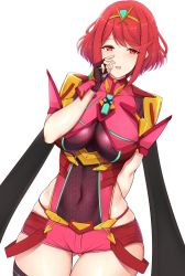 Rule 34 | 1girl, armor, breasts, covered navel, fingerless gloves, gloves, gluteal fold, headpiece, highres, large breasts, nintendo, noeomi, pyra (xenoblade), red eyes, red hair, red shorts, short hair, short shorts, shorts, shoulder armor, swept bangs, thigh gap, tiara, xenoblade chronicles (series), xenoblade chronicles 2