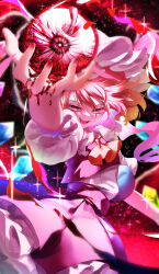 Rule 34 | 1girl, :d, absurdres, arm up, ascot, blonde hair, blood, blood on hands, blurry, calpis118, commentary, cowboy shot, crystal, demon wings, depth of field, energy ball, eyebrows hidden by hair, eyelashes, fangs, fighting stance, fingernails, flandre day, flandre scarlet, floating hair, foreshortening, frilled skirt, frills, half-closed eyes, hand up, hat, highres, looking at viewer, medium hair, mob cap, open hand, open mouth, puffy short sleeves, puffy sleeves, rainbow order, red background, red eyes, red nails, red skirt, red vest, shirt, short sleeves, side ponytail, simple background, skirt, slit pupils, smile, smirk, solo, sparkle, standing, straight-on, sunken fossil world, teeth, touhou, vest, white hat, white shirt, wind, wind lift, wings, yellow ascot
