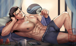 Rule 34 | 1boy, abs, absurdres, armpit hair, armpit peek, bara, black male underwear, boxers, bulge, elbow rest, feet out of frame, from side, handheld fan, highres, knee up, large pectorals, male focus, male underwear, male underwear peek, mature male, mortal kombat (series), mortal kombat 1 (2023), muscular, muscular male, navel, navel hair, nipples, on bed, paid reward available, pectorals, solo, sparse chest hair, sparse leg hair, stomach, sub-zero, sweat, tazahan, thick eyebrows, topless male, underwear, very sweaty, watching television