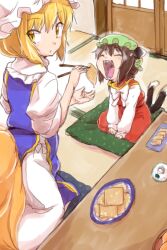 Rule 34 | 2girls, animal ears, between legs, blonde hair, blue tabard, blush, bow, bowtie, brown hair, cat ears, cat tail, chen, chopsticks, closed eyes, commentary request, dress, fangs, food, fox tail, frills, from above, green headwear, hand between legs, hat, holding, holding chopsticks, holding food, indoors, looking back, mob cap, multiple girls, multiple tails, nekomata, open mouth, parted lips, petite, raino, red dress, short hair, sitting, sitting on pillow, sleeves past elbows, tabard, table, tail, tatami, teeth, tongue, touhou, two tails, v arms, wariza, white bow, white bowtie, white dress, white headwear, yakumo ran, yellow eyes