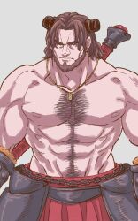 Rule 34 | 1boy, bara, beard, chain, chest hair, cowboy shot, eric bloodaxe (fate), facial hair, fate/grand order, fate (series), frown, holding, holding polearm, holding weapon, jewelry, large pectorals, looking at viewer, male focus, mature male, muscular, muscular male, navel, necklace, pectorals, polearm, short hair, sideburns, solo, thick eyebrows, topless male, weapon, wrinkled skin, yaso80hachi