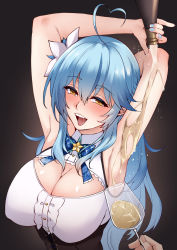Rule 34 | 1girl, ahoge, alcohol, armpits, arms behind head, arms up, black corset, blouse, blue bow, blue bowtie, blue hair, blue nails, bottle, bow, bowtie, braid, breasts, center frills, cleavage, cleavage cutout, clothing cutout, colored tips, corset, covered erect nipples, cup, drinking glass, elf, flower, frilled shirt, frills, hair between eyes, hair flower, hair ornament, heart, heart ahoge, highres, hololive, large breasts, long hair, looking at viewer, mibry (phrysm), multicolored hair, nail polish, open mouth, pointy ears, sake, sake bottle, shiny skin, shirt, sleeveless, sleeveless shirt, smile, streaked hair, tongue, tongue out, very long hair, virtual youtuber, white shirt, yellow eyes, yukihana lamy