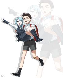 Rule 34 | 1boy, 1girl, ace attorney, aged down, backpack, bag, bandage on face, bandages, bandaid, bandaid on knee, bandaid on leg, belt, black belt, black dress, black footwear, black gloves, black hair, black shorts, black socks, blue hair, bow, bowtie, brooch, carrying, collared shirt, dick gumshoe, dress, franziska von karma, full body, gloves, grey eyes, gwiga0, hairband, highres, holding, jewelry, juliet sleeves, kneehighs, long sleeves, mole, mole under eye, open mouth, pointing, princess carry, puffy sleeves, randoseru, red bag, running, shirt, shoes, short hair, short sleeves, shorts, socks, standing, sweatdrop, white background, white bow, white bowtie, white hairband, white shirt