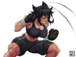 Rule 34 | 1girl, abs, animal ears, boxing gloves, boxing ring, boxing shorts, cat ears, cat girl, dark skin, dodging, highres, jamrolypoly, looking to the side, mouth guard, muscular, muscular female, original, shorts, signature, solo, thick thighs, thighs, yellow eyes