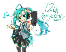 Rule 34 | 1girl, :3, ahoge, aqua eyes, aqua hair, aqua necktie, armpits, bare shoulders, black skirt, black thighhighs, blush, chamaji, closed mouth, commentary request, cowboy shot, detached sleeves, double v, english text, grey vest, hatsune miku, highres, long hair, musical note, necktie, pleated skirt, simple background, skirt, solo, standing, symbol-shaped pupils, tattoo, thighhighs, twintails, v, vest, vocaloid, white background, wide sleeves