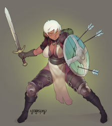 Rule 34 | 1girl, armor, arrow (projectile), backpack, bad id, bad tumblr id, bag, boots, breasts, chaps, chipped shield, chipped sword, cleavage, collar, commentary, commission, cracked shield, cracked sword, damaged shield, damaged sword, damaged weapon, dark-skinned female, dark skin, earrings, english commentary, fantasy, fighting stance, full body, gloves, greaves, highres, holding, holding sword, holding weapon, jewelry, knee boots, large breasts, making-of available, norasuko, o-ring, orange eyes, pauldrons, pelvic curtain, ramona (the prey), scar, shield, short hair, shoulder armor, solo, standing, sword, the prey (norasuko), very short hair, warrior, weapon, white hair