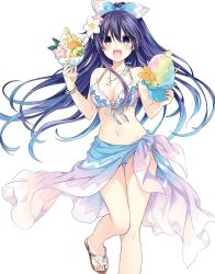 Rule 34 | 1girl, bikini, blue bow, blue hair, bow, bracelet, breasts, cleavage, collarbone, date a live, feet, floating hair, frilled bikini, frills, gradient hair, hair between eyes, hair bow, highres, holding, jewelry, leg up, long hair, looking at viewer, medium breasts, multicolored hair, navel, necklace, novel illustration, official art, purple eyes, purple hair, sarong, simple background, solo, standing, standing on one leg, swimsuit, tsunako, two-tone hair, very long hair, white background, yatogami tooka