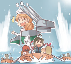 Rule 34 | &gt; &lt;, 10s, 4girls, 90mm single high-angle gun mount, ahoge, blush stickers, boat, brown hair, commentary request, closed eyes, fairy (kancolle), ido (teketeke), inflatable raft, kantai collection, littorio (kancolle), long hair, machinery, meme, multiple girls, oto 152mm triple rapid fire gun mount, pleated skirt, skirt, sweat, translation request, turret, watercraft