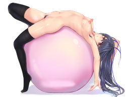 Rule 34 | 1girl, arched back, armpit hair, armpits, arms up, ball, black thighhighs, blue hair, blush, breasts, commentary request, exercise ball, female pubic hair, flower, from side, full body, highres, leg up, long hair, looking at viewer, looking to the side, medium breasts, mole, mole on breast, muka tsuku, navel, nipples, no shoes, nude, original, parted lips, perky breasts, pubic hair, puffy nipples, red eyes, revision, simple background, solo, stomach, thighhighs, white background