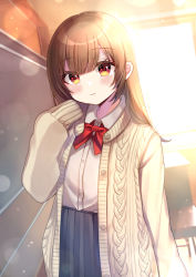 Rule 34 | 1girl, bad id, bad pixiv id, black skirt, blush, bow, brown hair, closed mouth, collared shirt, commentary request, dress shirt, hair between eyes, hand up, highres, indoors, jacket, long hair, long sleeves, looking at viewer, minami saki, open clothes, open jacket, original, pleated skirt, red bow, red eyes, shirt, skirt, sleeves past fingers, sleeves past wrists, solo, standing, white shirt