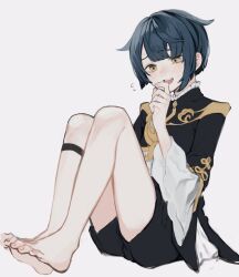 Rule 34 | 1boy, asymmetrical bangs, barefoot, black coat, black shorts, blue hair, blunt bangs, blunt ends, blush, coat, frilled sleeves, frills, full body, genshin impact, hand up, highres, hnnoo, long sleeves, male focus, open mouth, short hair, shorts, simple background, sitting, solo, teeth, toes, upper teeth only, white background, wide sleeves, xingqiu (genshin impact), yellow eyes