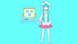 Rule 34 | 1girl, absurdres, alternate costume, aqua hair, blue footwear, closed mouth, dress, expressionless, green background, hatsune miku, highres, hood, hooded dress, multicolored clothes, multicolored dress, pink eyes, pinocchio-p, shoes, simple background, solo, vocaloid, yozurina (vocaloid)