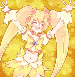 Rule 34 | 10s, 1girl, :d, :p, ^ ^, bad id, bad pixiv id, blonde hair, bow, brooch, choker, closed eyes, cure sunshine, dress, earrings, closed eyes, floral background, flower, hair flower, hair ornament, hair ribbon, happy, heart, heart brooch, heartcatch precure!, jewelry, long hair, magical girl, midriff, myoudouin itsuki, navel, open mouth, orange bow, precure, ribbon, skirt, smile, solo, tongue, tongue out, twintails, uzuki aki, wrist cuffs, yellow background, yellow bow, yellow skirt, yellow theme