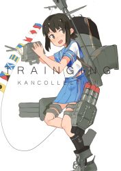 Rule 34 | 10s, 1girl, :o, anchor symbol, antennae, backpack, bag, black hair, black socks, blue skirt, brown eyes, cannon, dirty, dirty clothes, english text, engrish text, from side, fubuki (kancolle), highres, holding, holding weapon, ikz97, kantai collection, looking away, looking back, looking to the side, machinery, open mouth, pleated skirt, ranguage, rigging, school uniform, serafuku, shirt, short ponytail, short sleeves, sidelocks, signal flag, simple background, skirt, socks, solo, standing, standing on one leg, string of flags, text focus, thigh strap, torpedo, turret, typo, wavy mouth, weapon, white background, white shirt