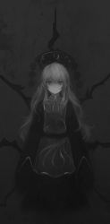 Rule 34 | 1girl, bad id, bad twitter id, black dress, chinese clothes, closed mouth, commentary request, crescent, dress, expressionless, full body, grey background, greyscale, gyup91, hat, highres, junko (touhou), long hair, long sleeves, looking at viewer, monochrome, ribbon, simple background, sleeves past wrists, solo, standing, tabard, touhou, very long hair, wide sleeves