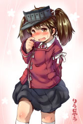 Rule 34 | 10s, 1girl, bad id, bad pixiv id, blush, brown eyes, brown hair, hair ornament, hat, highres, japanese clothes, kadokawa shoten, kantai collection, koishi chikasa, long hair, open mouth, personification, ryuujou (kancolle), signature, skirt, solo, translation request, twintails, visor cap