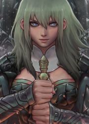 Rule 34 | 1girl, armor, blue eyes, byleth (female) (fire emblem), byleth (fire emblem), cape, evil smile, fire emblem, fire emblem: three houses, green hair, holding, holding sword, holding weapon, kaejunni, long hair, looking at viewer, nintendo, portrait, smile, snow, solo, sword, upper body, weapon