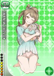 Rule 34 | 10s, 1girl, akimoto (akmt t), barefoot, blush, bow, bow panties, brown eyes, brown hair, character name, frilled panties, frills, green background, long hair, love live!, love live! school idol festival, love live! school idol project, matching outfits, minami kotori, minami kotori (bird), one eye closed, panties, polka dot, polka dot panties, seiza, side ponytail, sitting, smile, underwear