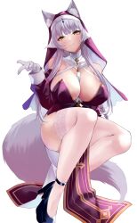 Rule 34 | 1girl, animal ears, bare shoulders, blue footwear, breasts, closed mouth, cross, garter straps, gloves, high heels, highres, large breasts, latin cross, light purple hair, long hair, long sleeves, looking at viewer, mole, mole under eye, nun, off shoulder, original, pelvic curtain, purple headwear, simple background, smile, solo, thighhighs, thighs, wee (weeyy), white background, white garter straps, white gloves, white thighhighs, yellow eyes