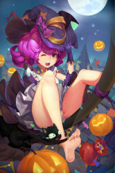Rule 34 | 1girl, ;d, adjusting clothes, adjusting headwear, barefoot, black cat, broom, broom riding, cat, gloves, halloween, hat, highres, jack-o&#039;-lantern, moon, night, one eye closed, open mouth, original, panties, pantyshot, small-9, smile, soles, solo, underwear, witch, witch hat, yellow eyes