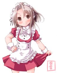 Rule 34 | &gt;:), 10s, 1girl, alternate costume, apron, artist name, brown eyes, brown hair, highres, kanon (kurogane knights), kantai collection, maid, maid apron, maid headdress, ponytail, signature, simple background, smile, solo, v-shaped eyebrows, waitress, zuihou (kancolle)
