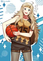 Rule 34 | 1girl, ahoge, ball, bare shoulders, basketball, basketball (object), basketball uniform, blonde hair, commission, fire emblem, fire emblem fates, grey eyes, headband, highres, hiomaika, holding, looking at viewer, nintendo, open mouth, ophelia (fire emblem), pantyhose, shorts, smile, solo, sportswear, upper body