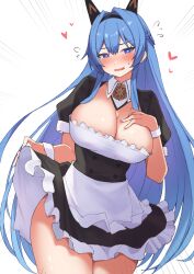 Rule 34 | 1girl, alternate costume, apron, badge, blue eyes, blue hair, blush, braid, breasts, cleavage, frills, goddess of victory: nikke, hair intakes, hand on own chest, headgear, heart, helm (nikke), highres, large breasts, long hair, looking at viewer, maid, maid headdress, short sleeves, skirt hold, solo, sweatdrop, thighs, wabimochi, wavy mouth, wrist cuffs