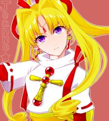 Rule 34 | 1990s (style), 1girl, bad id, bad pixiv id, blonde hair, character name, chu robo, cross, earrings, expressionless, forehead jewel, head tilt, jewelry, kaitou jeanne, kamikaze kaitou jeanne, kusakabe maron, layered sleeves, looking at viewer, multiple sleeves, parted bangs, purple eyes, red ribbon, retro artstyle, ribbon, sidelocks, simple background, solo, turtle, upper body