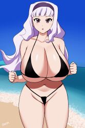 Rule 34 | 1girl, 2022, amano cigusa, animated, artist name, bare shoulders, beach, bikini, black bikini, blinking, blue sky, bouncing breasts, breasts, collarbone, commentary, cowboy shot, day, female focus, floating hair, grey hair, groin, hairband, halterneck, highleg, highleg bikini, highres, huge breasts, idolmaster, long hair, looking at viewer, navel, ocean, open mouth, outdoors, purple eyes, running, shijou takane, shiny skin, shore, sky, solo, swimsuit, teeth, thick thighs, thighs, upper teeth only, very long hair