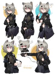 Rule 34 | 1girl, ?, ??, absinthe (arknights), afterimage, animal ear fluff, animal ears, arknights, bear ears, belt, black hairband, black jacket, black neckwear, black pantyhose, black skirt, blush, blush visible through hair, closed mouth, commentary, cowboy shot, cropped legs, embarrassed, expressions, eyes visible through hair, flying sweatdrops, grey hair, gun, hairband, hand up, hands up, highres, holding, holding gun, holding paper, holding weapon, jacket, long sleeves, looking at viewer, looking down, motion lines, multiple views, necktie, nervous, notice lines, odmised, pantyhose, paper, pointing weapon, ponytail, red eyes, short hair, shoulder strap, simple background, skirt, speech bubble, star (symbol), sweat, utility belt, weapon, white background