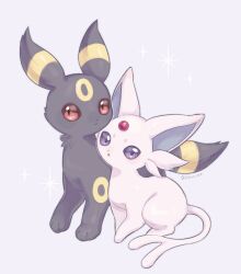 Rule 34 | :o, closed mouth, commentary request, creatures (company), espeon, forehead jewel, game freak, gen 2 pokemon, grey background, highres, ichino cco, looking at viewer, nintendo, no humans, pokemon, pokemon (creature), purple eyes, red eyes, twitter username, umbreon, watermark