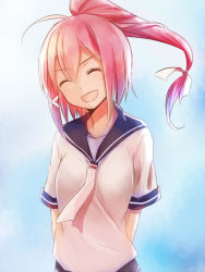 Rule 34 | 10s, 1girl, ^ ^, arms behind back, closed eyes, hair ornament, hairclip, i-168 (kancolle), kantai collection, long hair, open mouth, personification, pink hair, ponytail, school uniform, serafuku, smile, solo, upper body, yue teitoku
