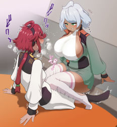 Rule 34 | 1futa, 1girl, black hairband, blush, breasts, clothed sex, clothes, cum, dark-skinned female, dark skin, ejaculation, face-to-face, frottage, futa with female, futanari, green eyes, gundam, gundam suisei no majo, hairband, huge breasts, long hair, medium hair, mobile suit gundam, ponytail, red hair, secelia dote, silver hair, sitting, sitting on lap, sitting on person, small breasts, smile, starlightcool, suletta mercury, sunrise (company), thigh sex, thighhighs