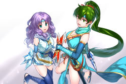 Rule 34 | 2girls, blue legwear, breasts, circlet, cleavage, dual wielding, earrings, elbow gloves, fire emblem, fire emblem: the blazing blade, fire emblem heroes, florina (fire emblem), from side, futabaaf, gloves, green eyes, green hair, holding, holding weapon, japanese clothes, jewelry, long hair, looking to the side, lyn (fire emblem), multiple girls, ninja, nintendo, open mouth, ponytail, purple hair, scabbard, sheath, sheathed, shuriken, simple background, sword, weapon