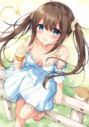 Rule 34 | 1girl, bare shoulders, blue eyes, blush, breasts, brown hair, cleavage, collarbone, commentary request, dress, ezoshika, flower, food, from above, hair between eyes, hair flower, hair ornament, holding, ice cream, long hair, medium breasts, original, short sleeves, solo, standing, tongue, tongue out, twintails, white dress